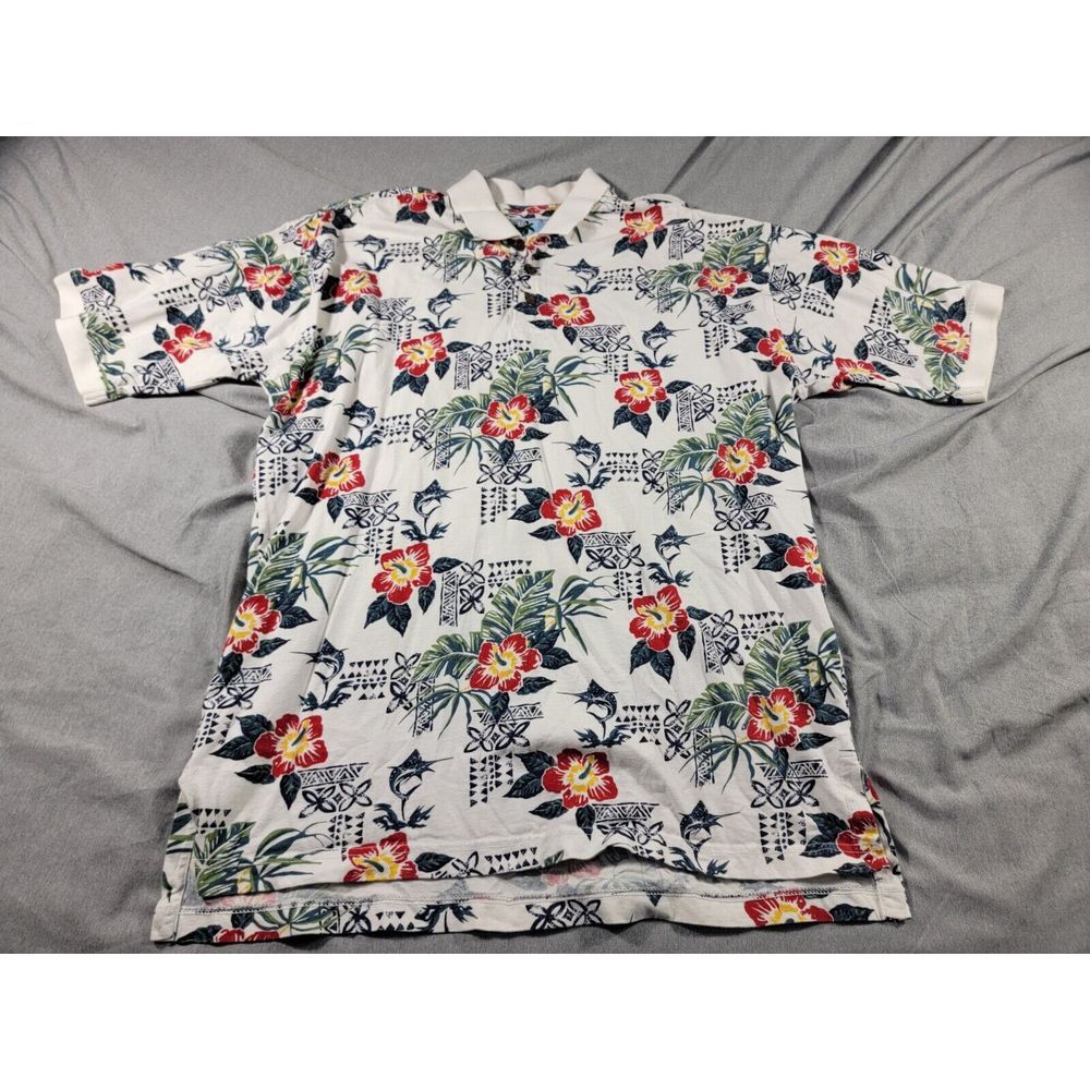 AFTCO Bluewater Marlin Floral Tropical‎ Polo Shirt Mens Large, Thick Cotton